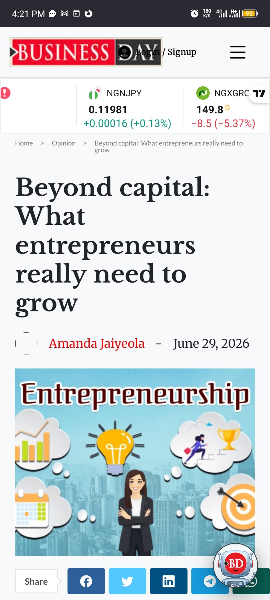 BusinessDay op-ed on what entrepreneurs need to grow, a Mastercard Foundation publication