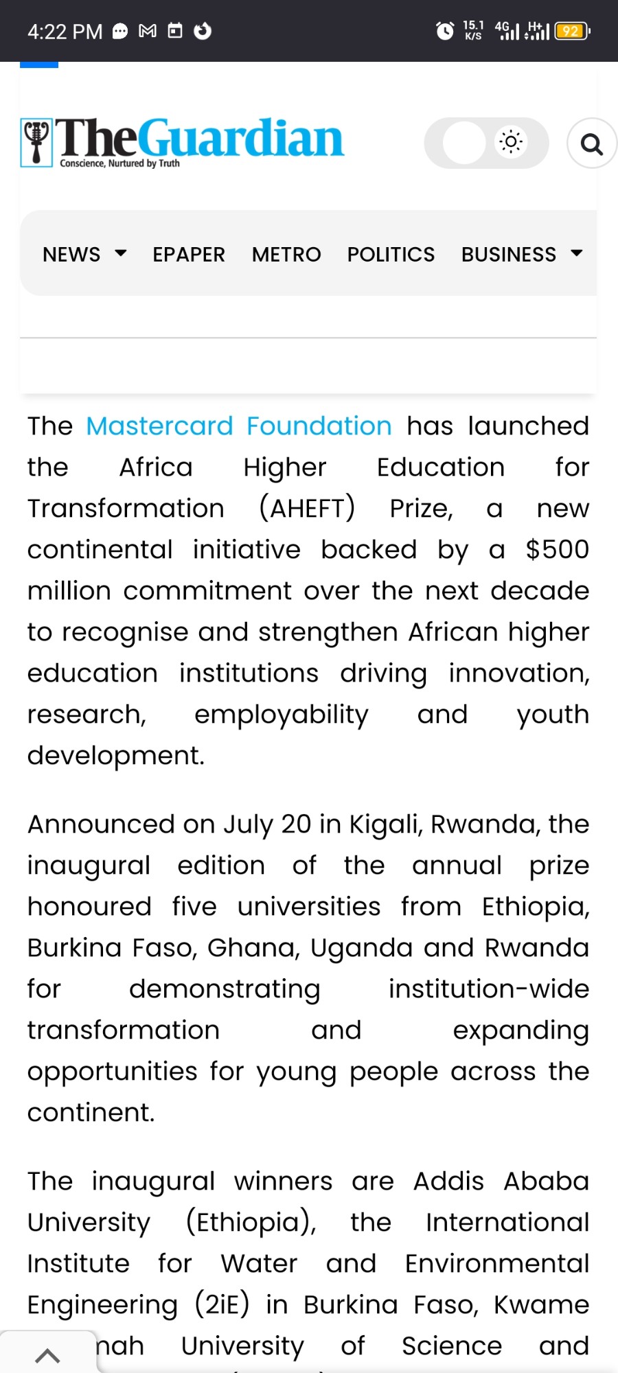 Guardian Nigeria coverage of the Mastercard Foundation's AHEFT Prize launch