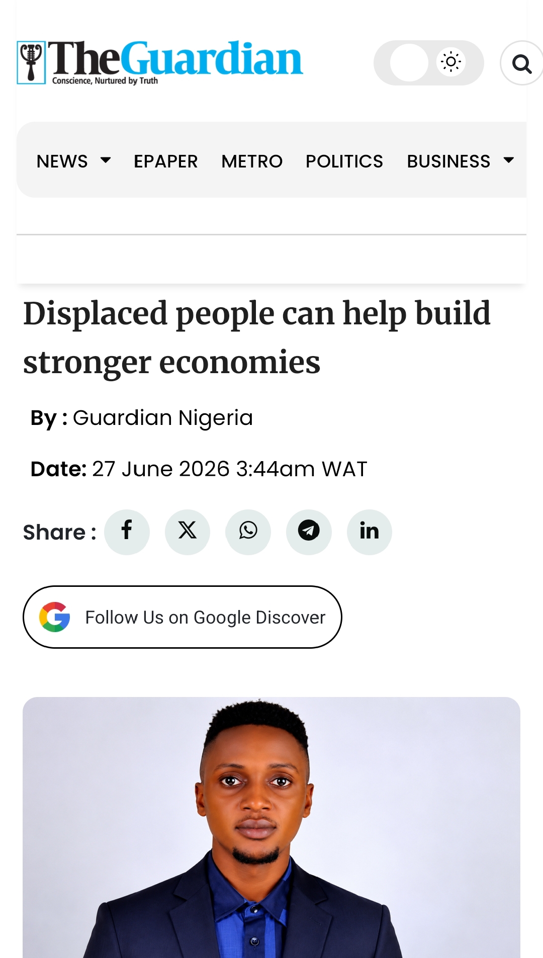 Guardian Nigeria op-ed on how displaced people can help build stronger economies, a Mastercard Foundation partner programme piece