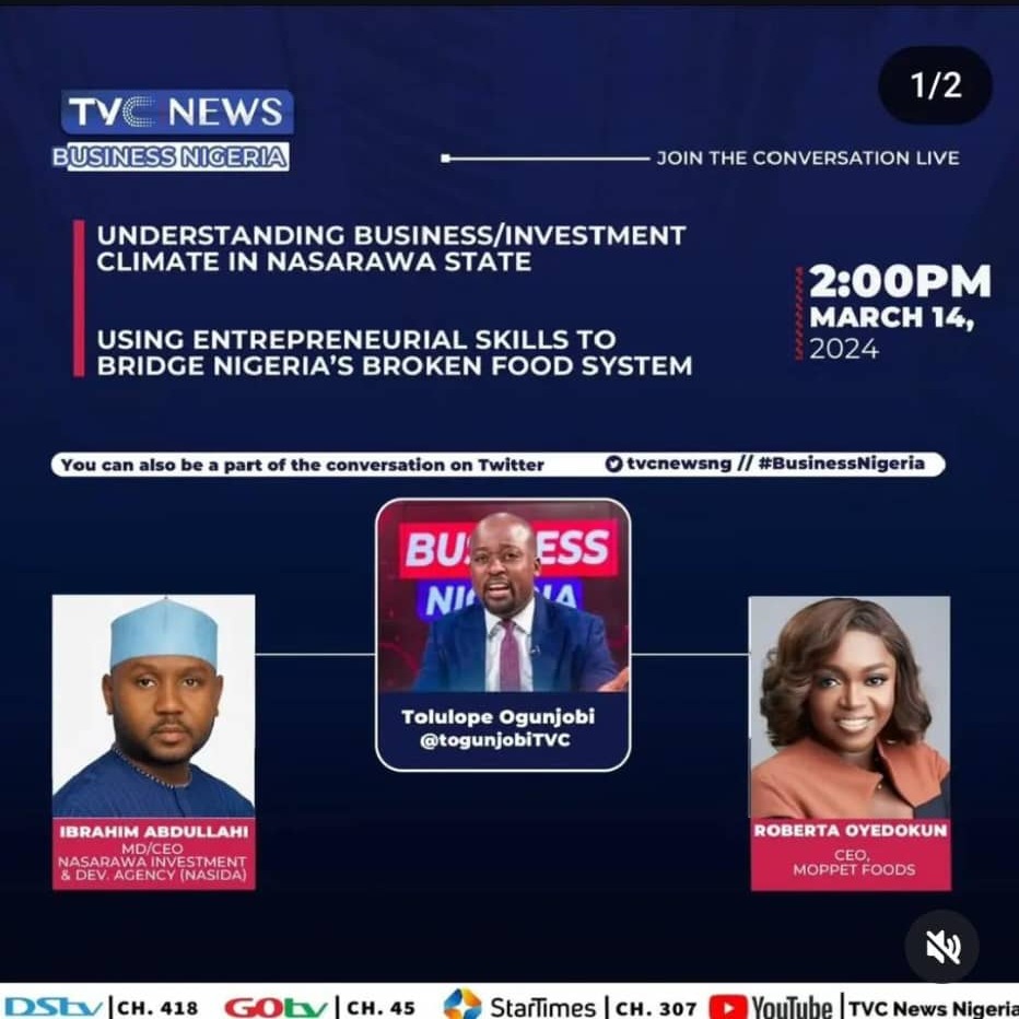 TVC News Business Nigeria panel flyer featuring NASIDA and Moppet Foods
