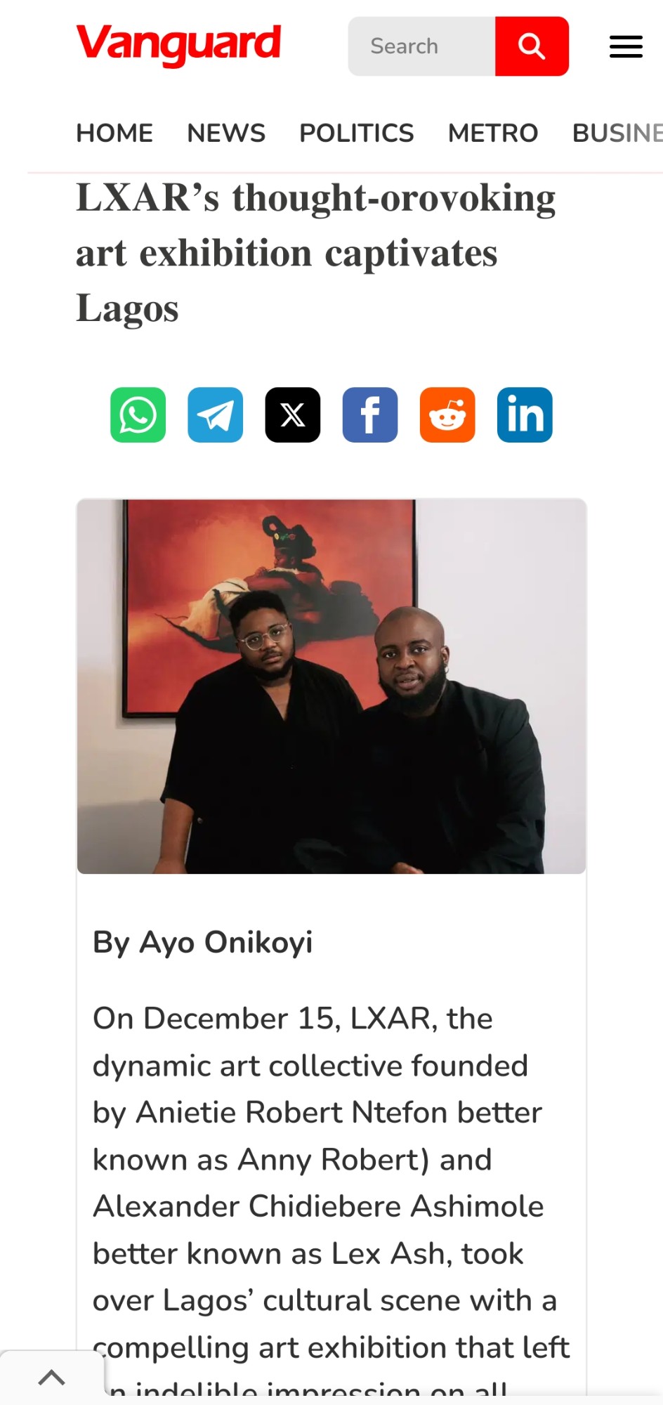 Vanguard Nigeria coverage of the LXAR art exhibition by Anny Robert and Lex Ash
