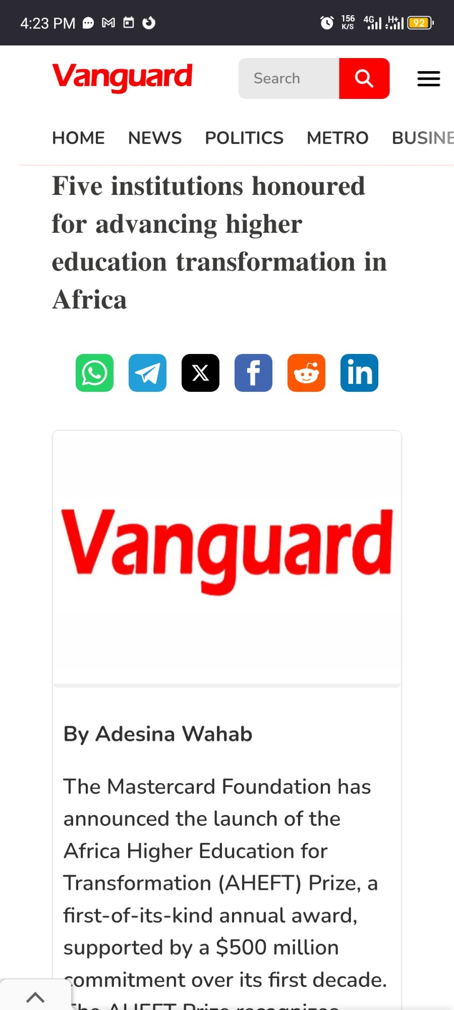 Vanguard Nigeria coverage of the Mastercard Foundation's AHEFT Prize