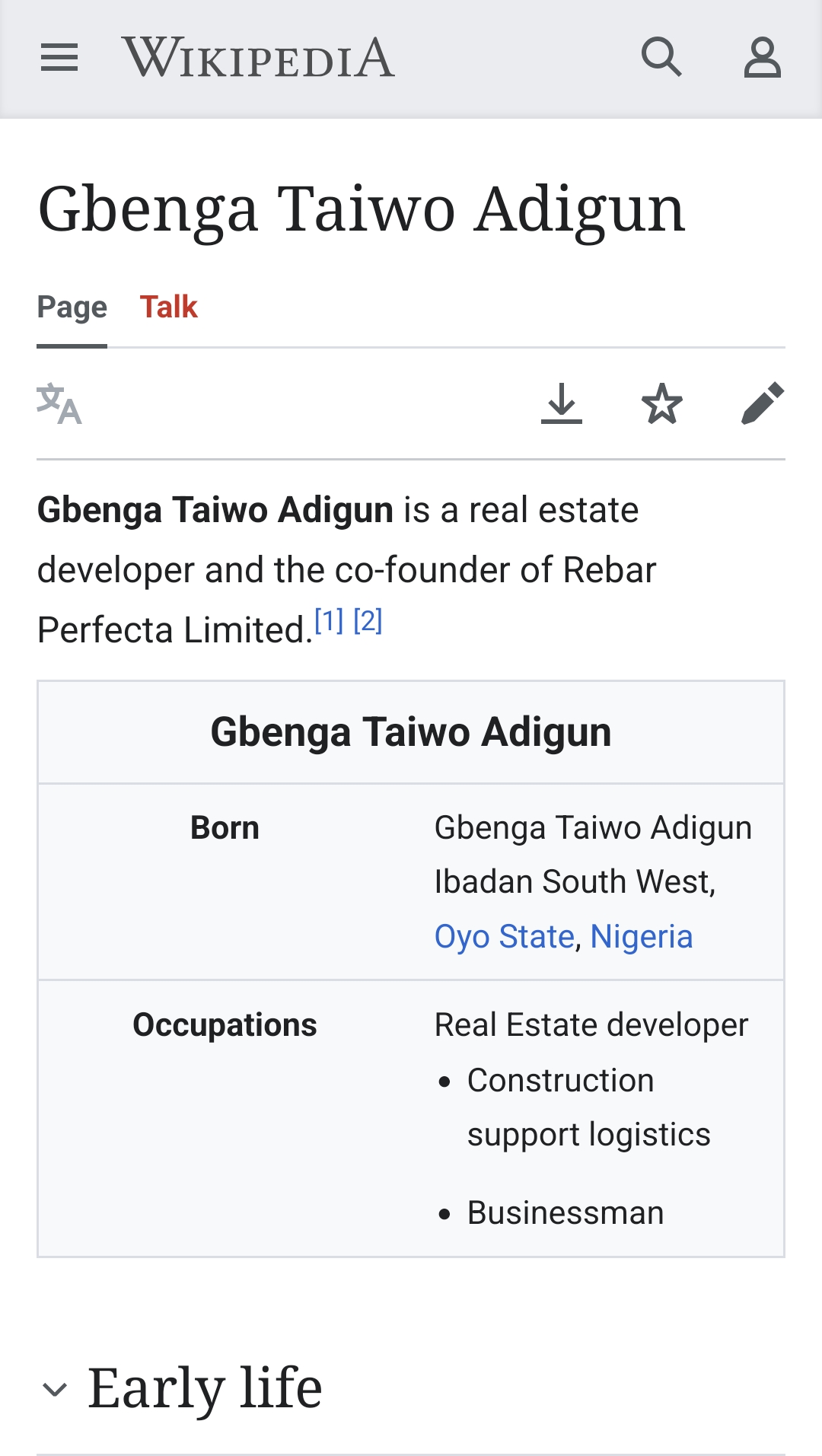 Wikipedia page for Gbenga Taiwo Adigun, co-founder of Rebar Perfecta Limited